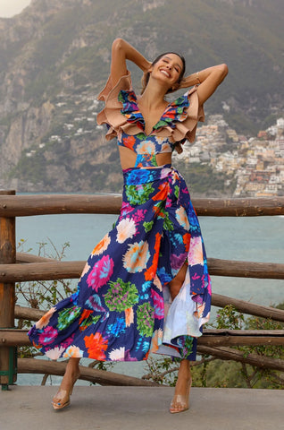 Santorini Kimono Print Rose Feathers Long Dress Cover Up
