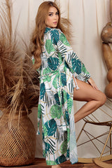 Santorini Kimono Print Green Leaves Long Dress Cover Up
